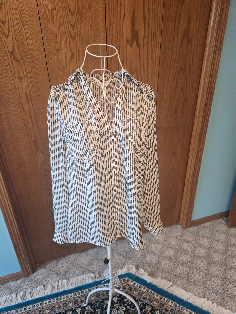 Candie’s Black & White Blouse – Size M – Decorative Shoulders & Two Way Sleeves